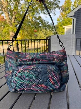lug Quilted Tropical Leaf Shoulder Bag in Navy with Pink and Green Accents